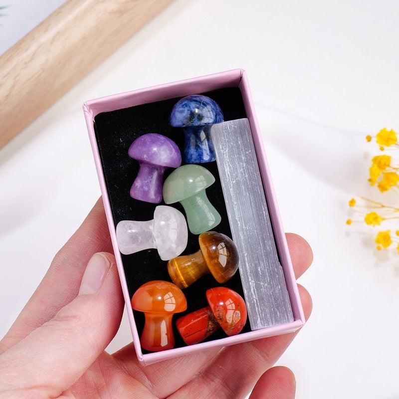Energy Healing Gemstones | Chakra Crystal Mushrooms Set with Selenite Slab | Natural Home Decor Minerals for Positive Vibes